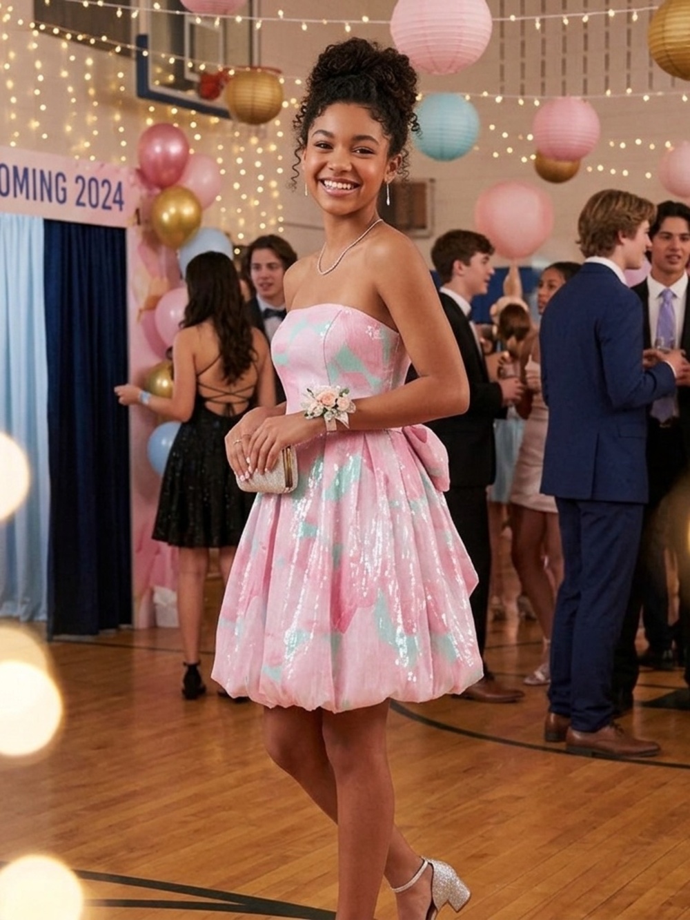 NWT Hutch Pink Pastel Sequin Strapless Bubble Hem Mini Dress Bow Back